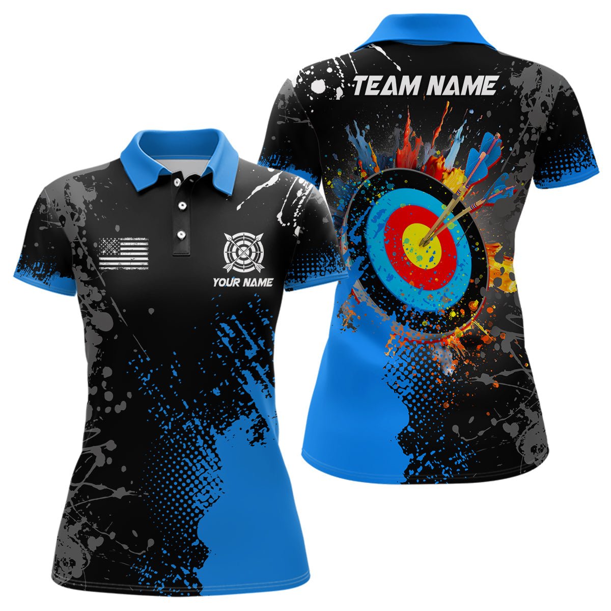 3D Bogenschießen Polo - Shirt - Unisex - Personalisiert mit Wunschname - Blau - T1102 - Climcat