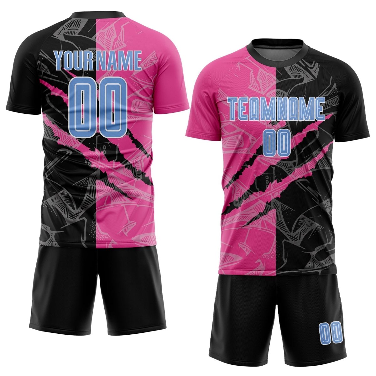 Benutzerdefiniertes Graffiti - Muster Hellblau Schwarz - Rosa Scratch Sublimations Fußballtrikot Q608 - Climcat