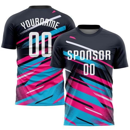 Benutzerdefiniertes Navy Weiß Pink - Hellblau Sublimations Fußballtrikot R984 - Climcat