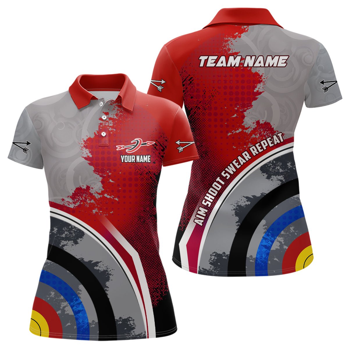 Bogenschießen Poloshirt Herren Damen Personalisiert - Spruch: Zielen Schießen Fluchen Wiederholen - Auch als 3D Bogenschießen Shirt - Rot Grau V0706 - Climcat