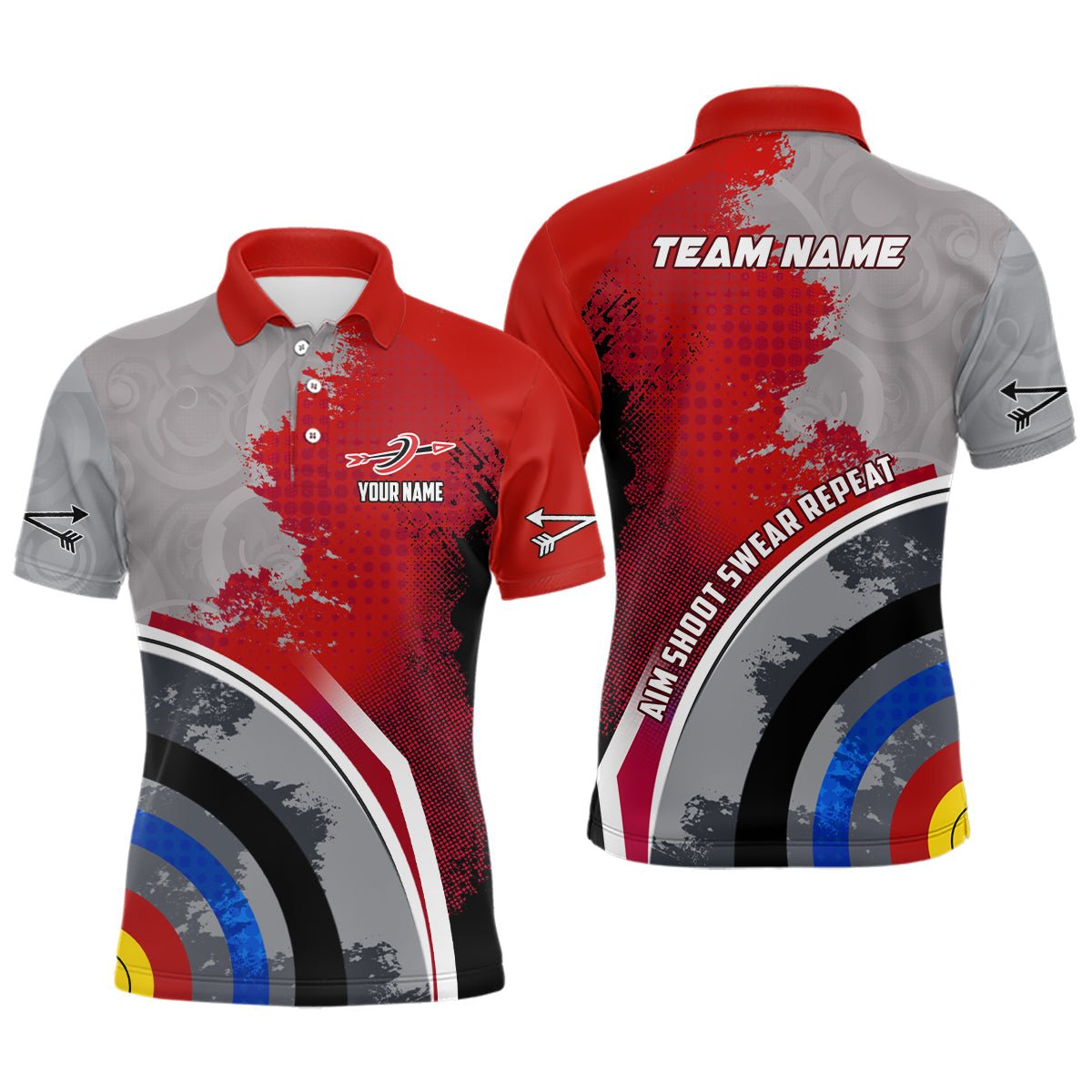 Bogenschießen Poloshirt Herren Damen Personalisiert - Spruch: Zielen Schießen Fluchen Wiederholen - Auch als 3D Bogenschießen Shirt - Rot Grau V0706 - Climcat