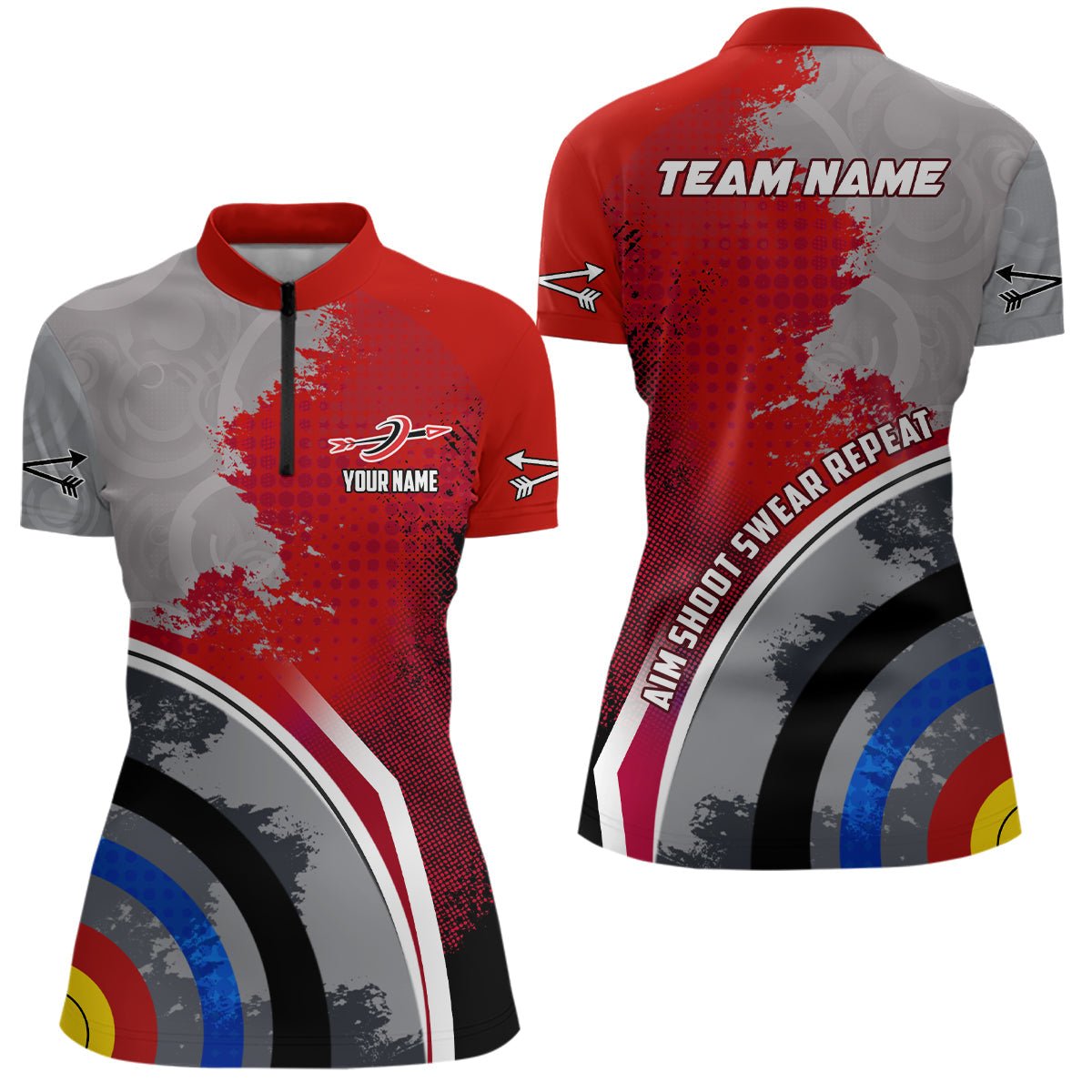 Bogenschießen Poloshirt Herren Damen Personalisiert - Spruch: Zielen Schießen Fluchen Wiederholen - Auch als 3D Bogenschießen Shirt - Rot Grau V0706 - Climcat