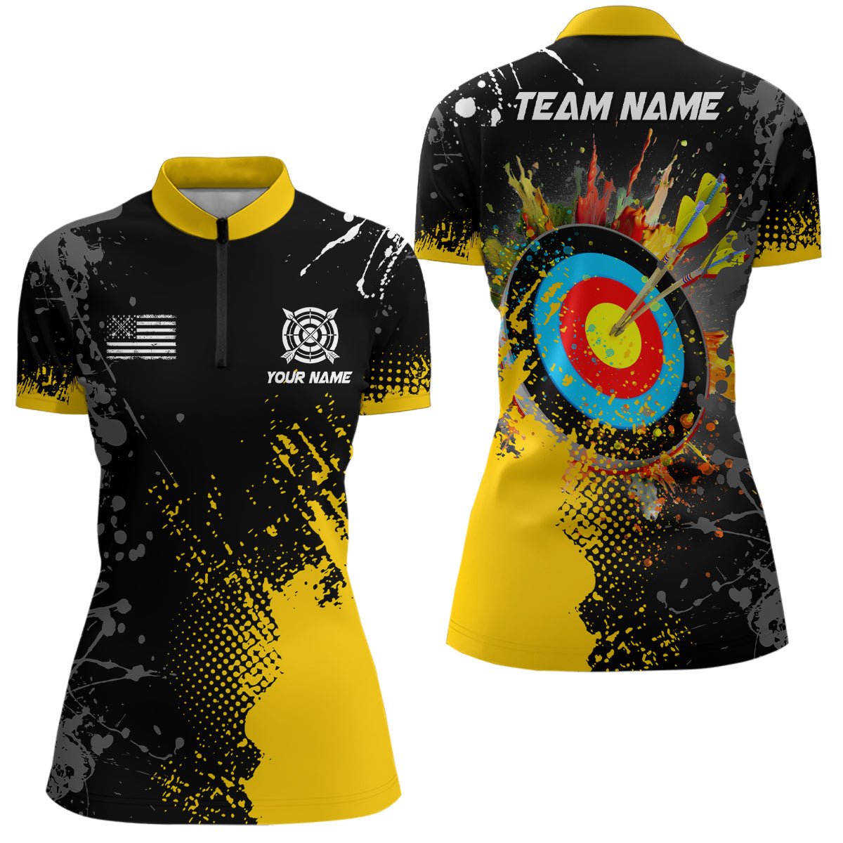 Bogenschießen Poloshirt Personalisiert mit Wunschname - Gelbes 3D Ziel Design - Herren & Damen T1191 - Climcat