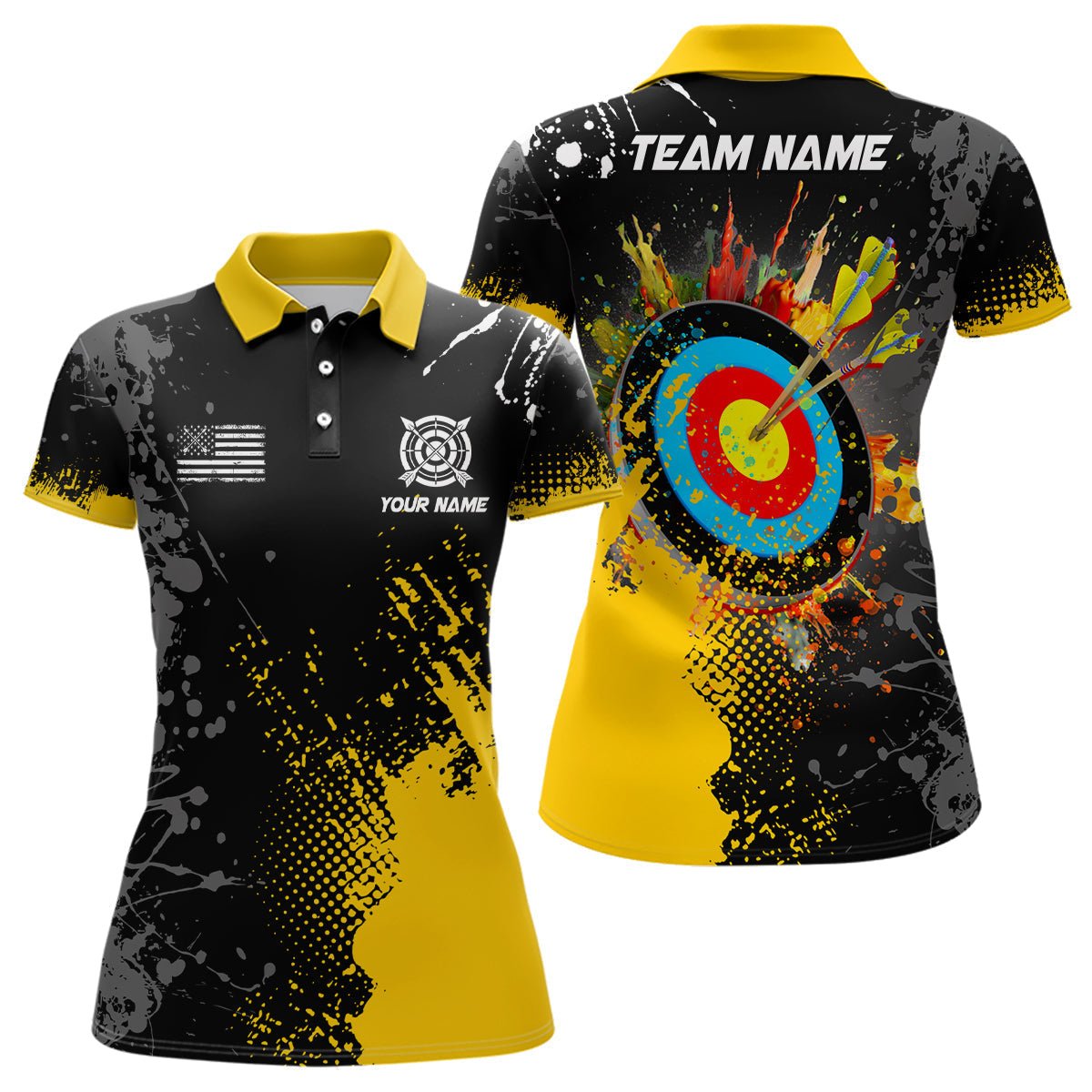 Bogenschießen Poloshirt Personalisiert mit Wunschname - Gelbes 3D Ziel Design - Herren & Damen T1191 - Climcat