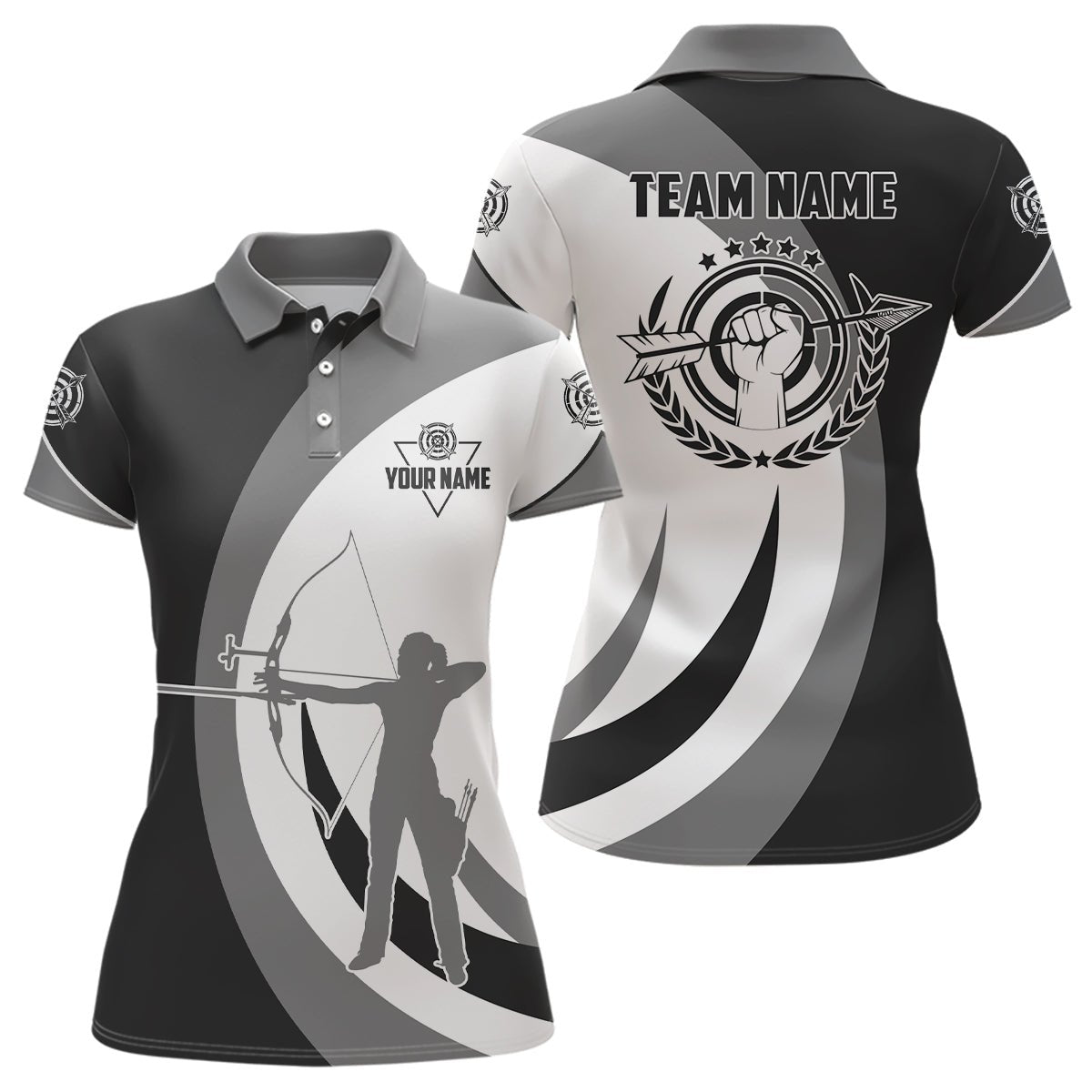 Bogenschießen Team Poloshirt / Trikot - Individuell - Grau Schwarz Silhouette Bogenschütze - Herren Damen T0608 - Climcat