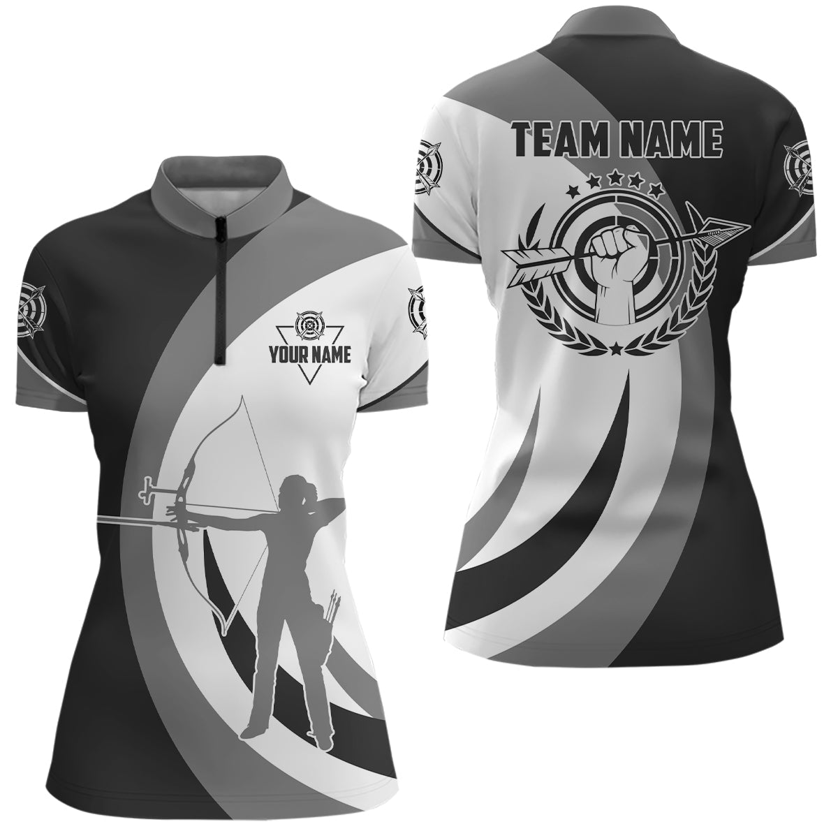 Bogenschießen Team Poloshirt / Trikot - Individuell - Grau Schwarz Silhouette Bogenschütze - Herren Damen T0608 - Climcat