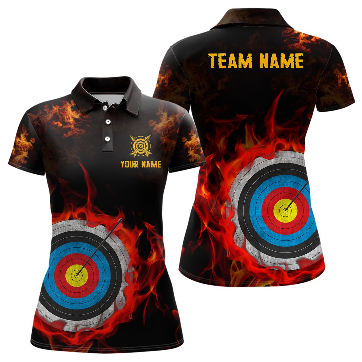 Bogensport Polo - Shirt Personalisiert mit Wunschname - Bogenschießscheibe in Flammen - T0506 - Climcat