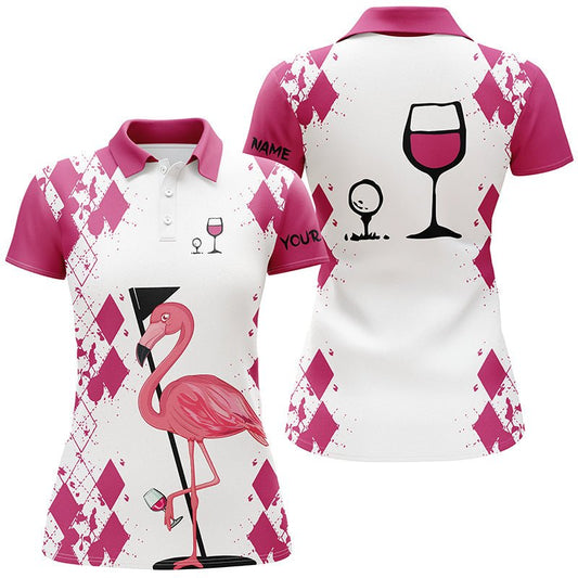 Damen Golfshirt Weiß Rosa mit Flamingo-Motiv & Wein - Personalisierter Name Damen Golf Polo Shirt N5117 - Climcat