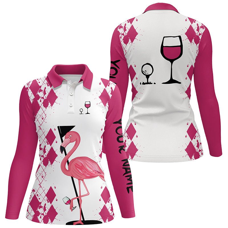 Damen Golfshirt Weiß Rosa mit Flamingo-Motiv & Wein - Personalisierter Name Damen Golf Polo Shirt N5117 - Climcat
