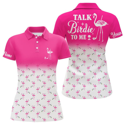 Elegantes Damen Golf Polo Shirt in Pink und Weiß mit individuellem Flamingo-Design - Sprechen Sie Birdie mit mir - Perfekt für Golfliebhaberinnen N6118 - Climcat