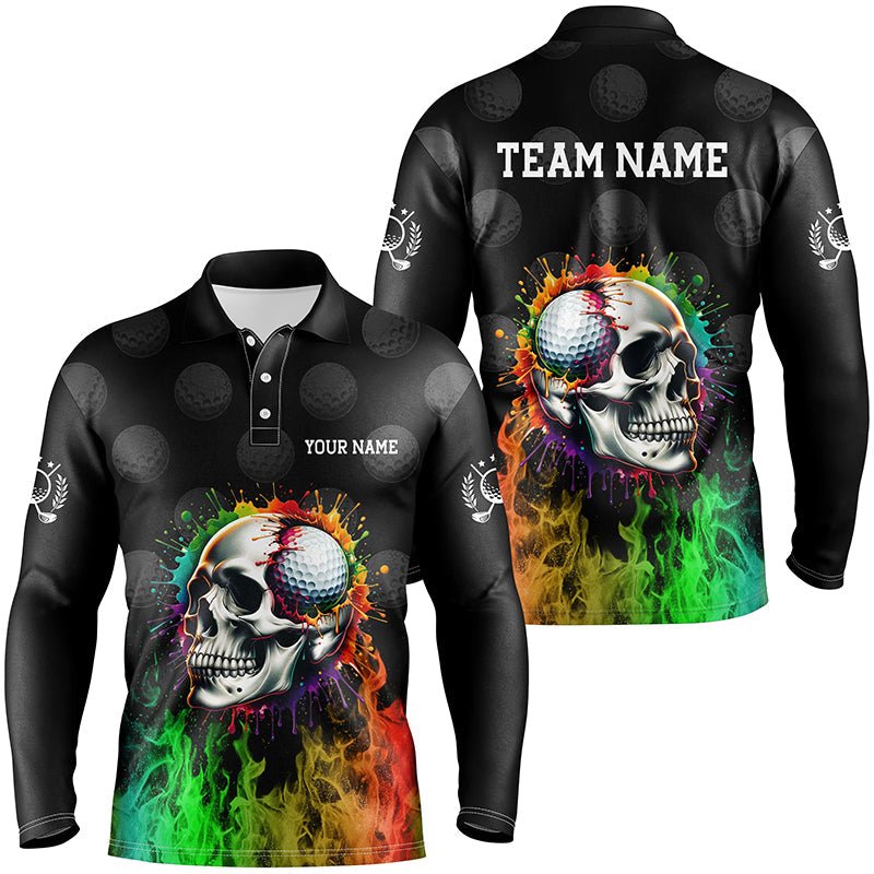 Individuelle Herren Golf Poloshirts mit personalisiertem Regenbogenflammen-Schädel Feuer Schwarz Golfbekleidung für Männer N7125 - Climcat