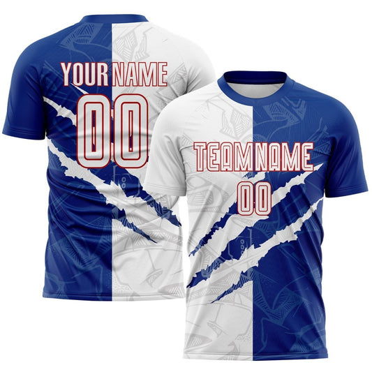 Individuelles Graffiti - Muster Weiß Royal - Rot Scratch Sublimations Fußballtrikot P944 - Climcat