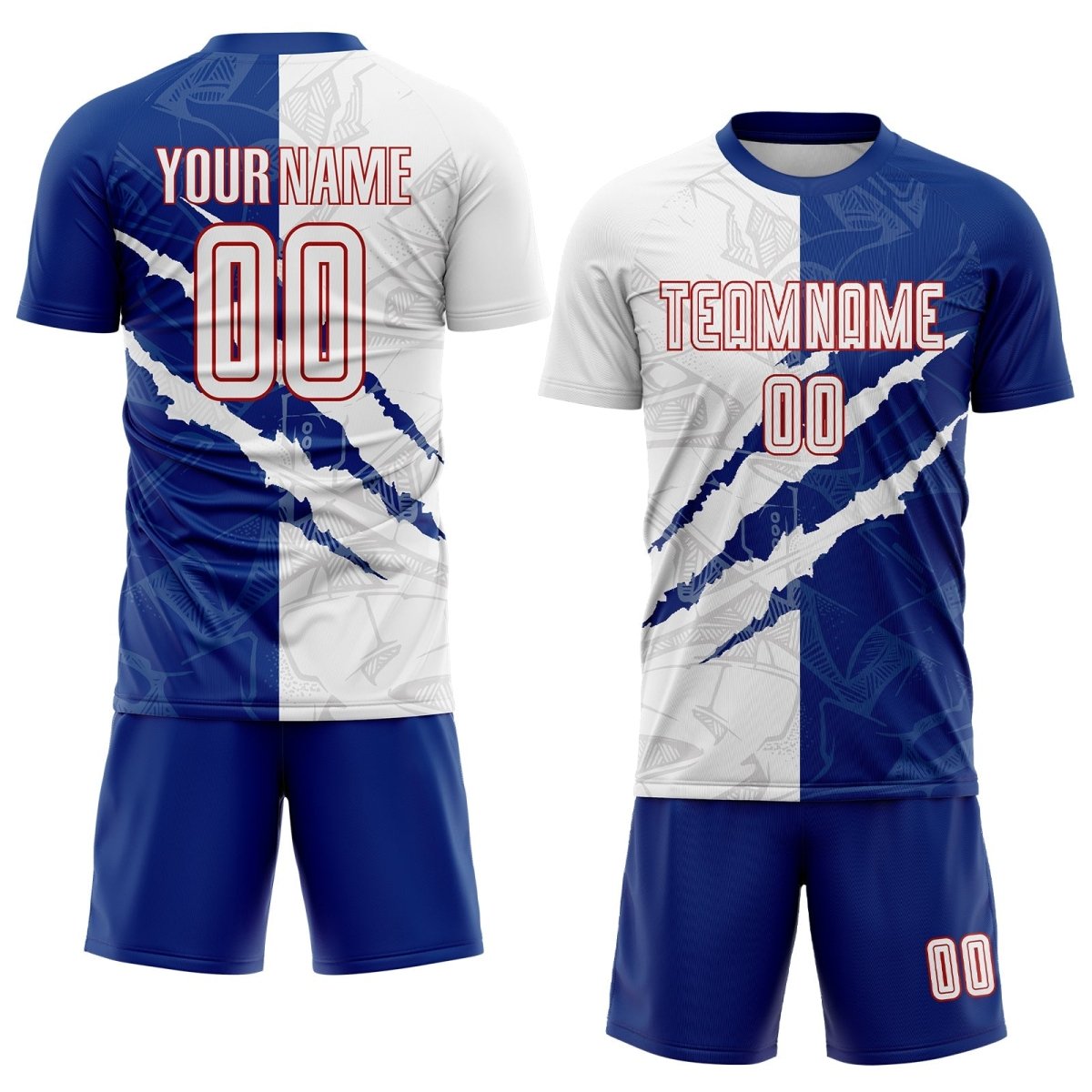 Individuelles Graffiti - Muster Weiß Royal - Rot Scratch Sublimations Fußballtrikot P944 - Climcat