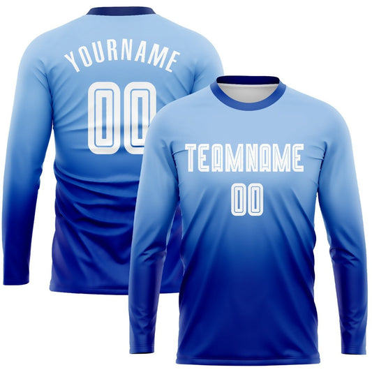Maßgeschneiderte hellblaue - weiße - royale Sublimations Langarm - Fade Fashion Fußballtrikot P720 - Climcat