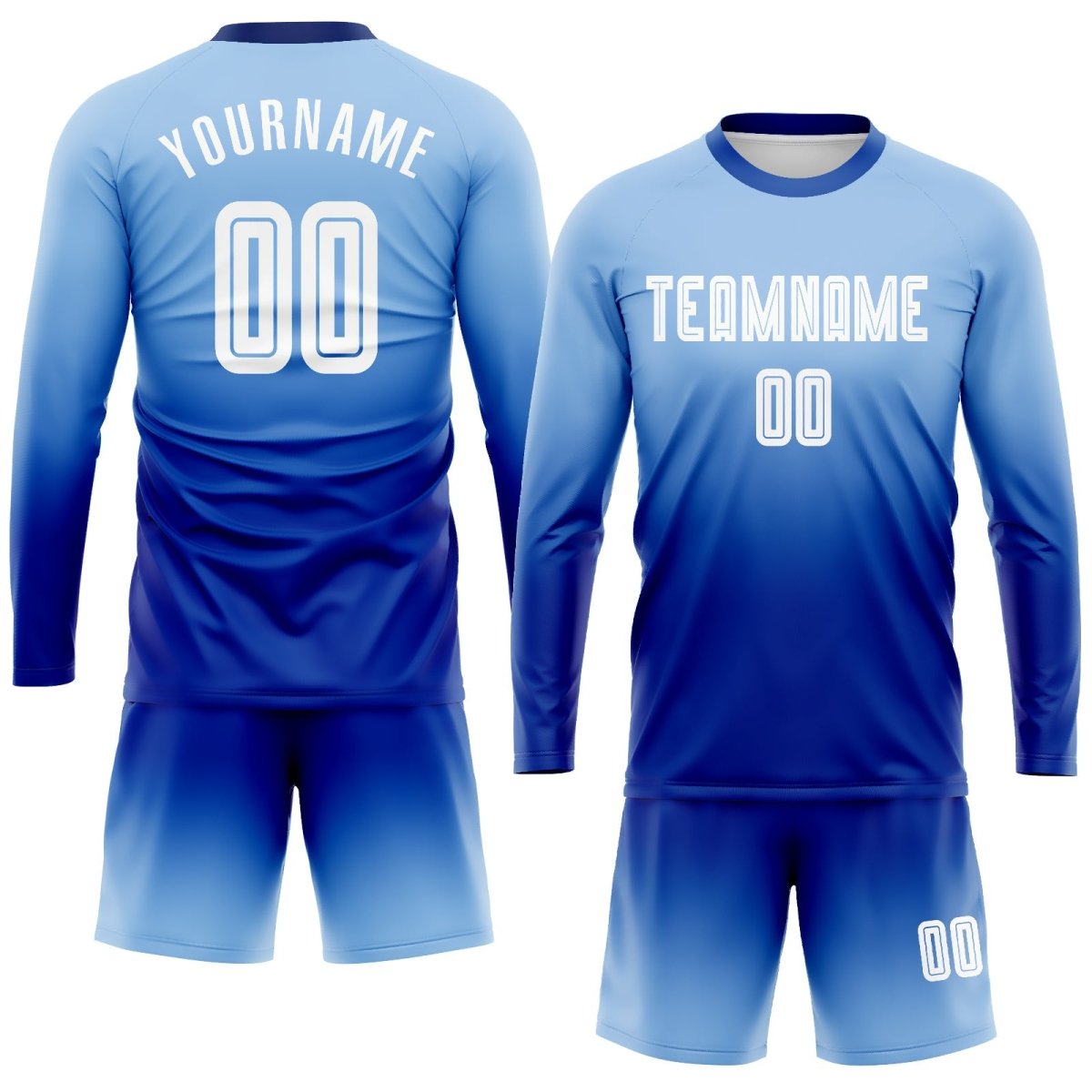 Maßgeschneiderte hellblaue - weiße - royale Sublimations Langarm - Fade Fashion Fußballtrikot P720 - Climcat