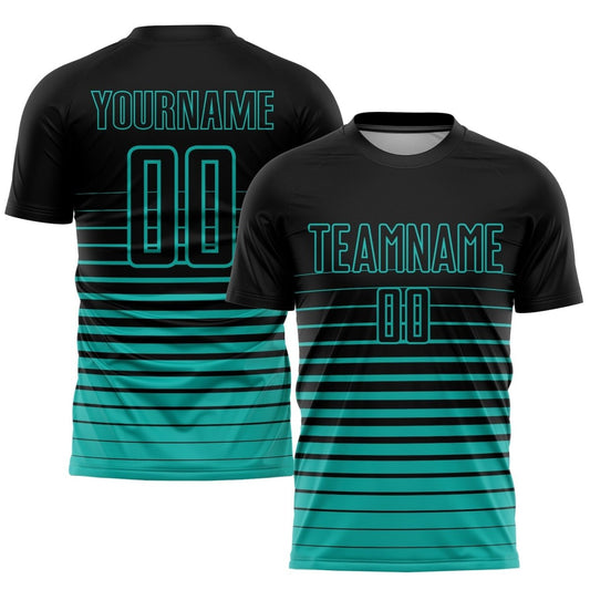 Maßgeschneiderte Schwarze Aqua Streifen Farbverlauf Sublimation Fußballtrikot M548 - Climcat