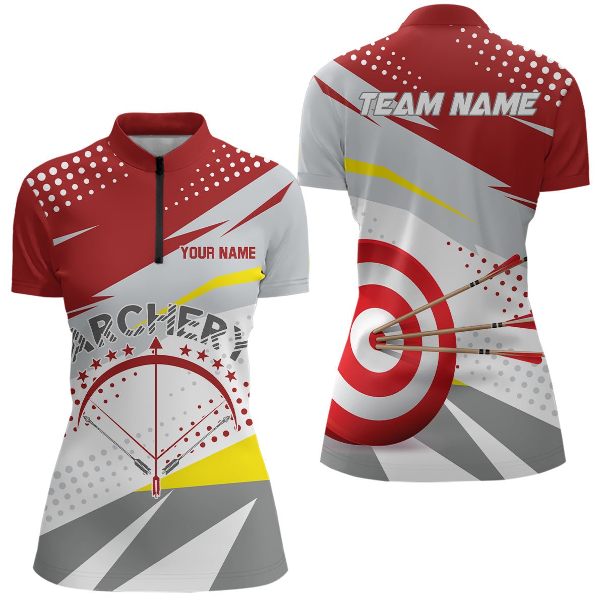 Personalisiertes 3D - Bogenschießen Poloshirt Grau - Rot Unisex Teamshirt V0789 - Climcat