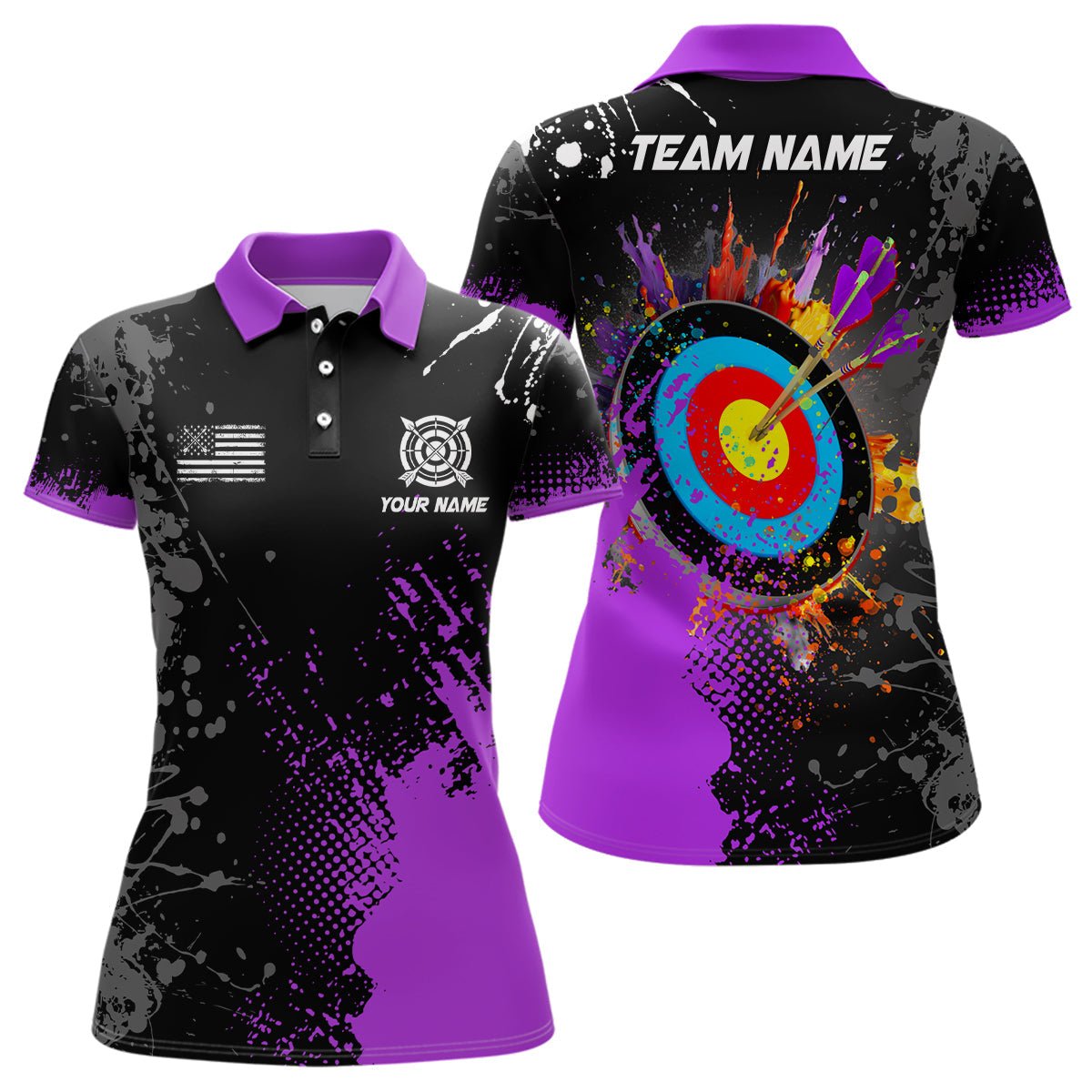 Personalisiertes Bogenschießen Polo Shirt Unisex mit Wunschname - Lila Farbklecks & 3D Zielscheibe Motiv T1190 - Climcat
