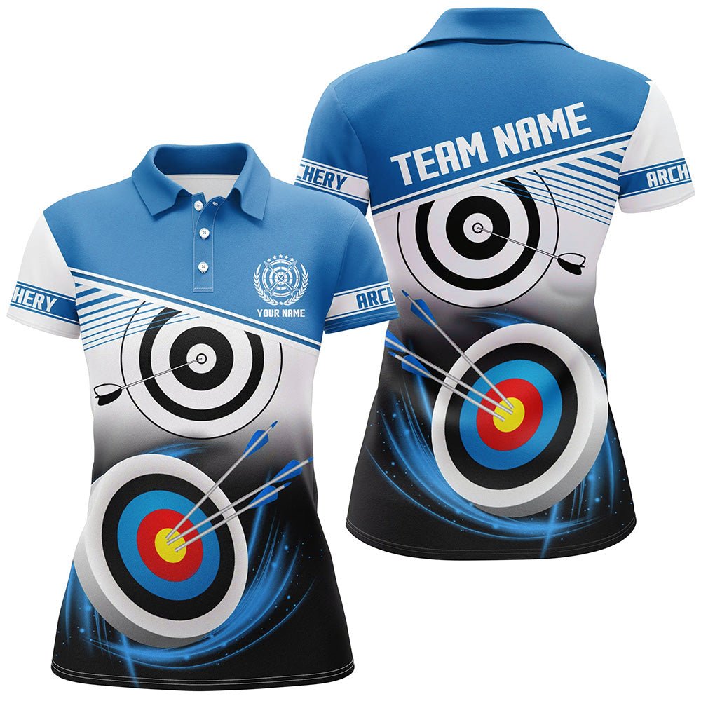 Personalisiertes Bogenschießen Poloshirt für Herren & Damen mit Namen und blauem 3D - Ziel Motiv T0529 - Climcat