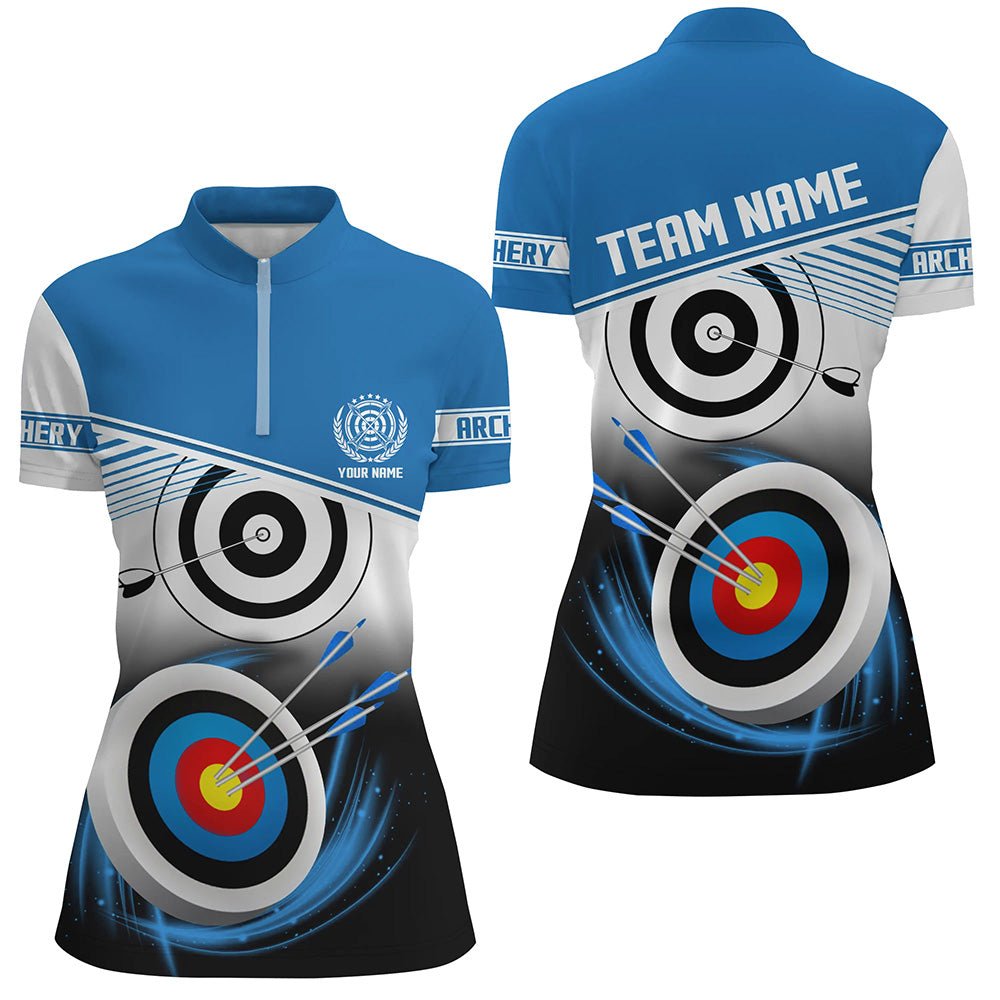 Personalisiertes Bogenschießen Poloshirt für Herren & Damen mit Namen und blauem 3D - Ziel Motiv T0529 - Climcat