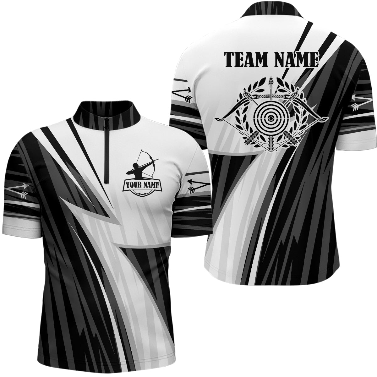 Personalisiertes Bogenschießen Team Poloshirt für Herren & Damen - mit Zielscheibe & Pfeilen Weiß Schwarz V0763 - Climcat