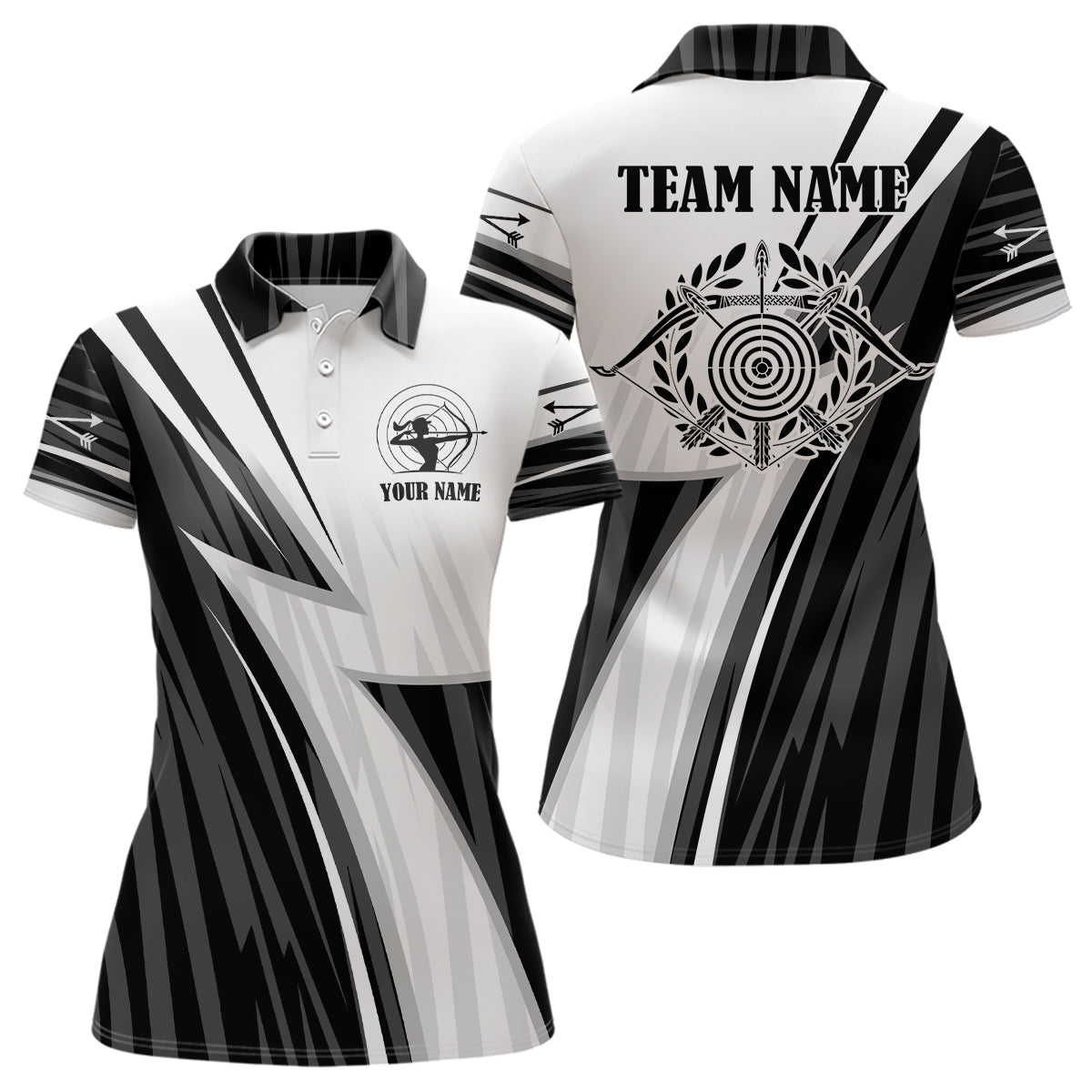 Personalisiertes Bogenschießen Team Poloshirt für Herren & Damen - mit Zielscheibe & Pfeilen Weiß Schwarz V0763 - Climcat