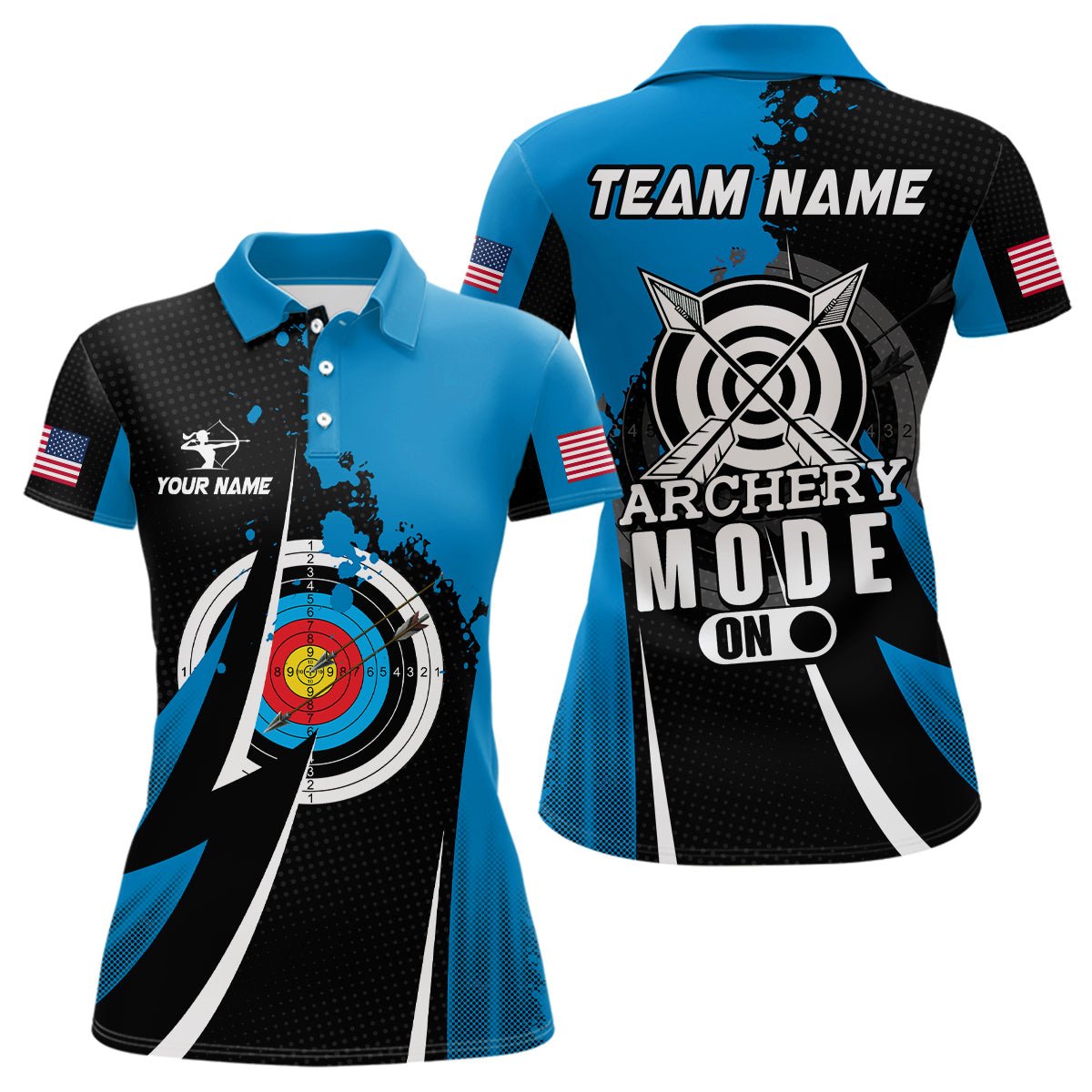 Personalisiertes Bogenschießen Team Poloshirt Unisex Blau "Archery Mode On" T1322 - Climcat