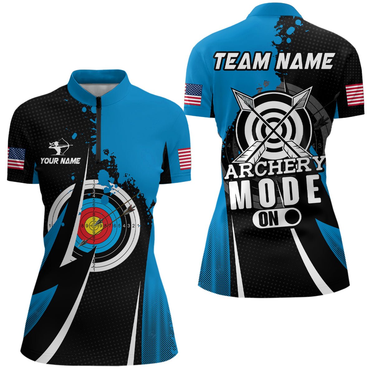 Personalisiertes Bogenschießen Team Poloshirt Unisex Blau "Archery Mode On" T1322 - Climcat