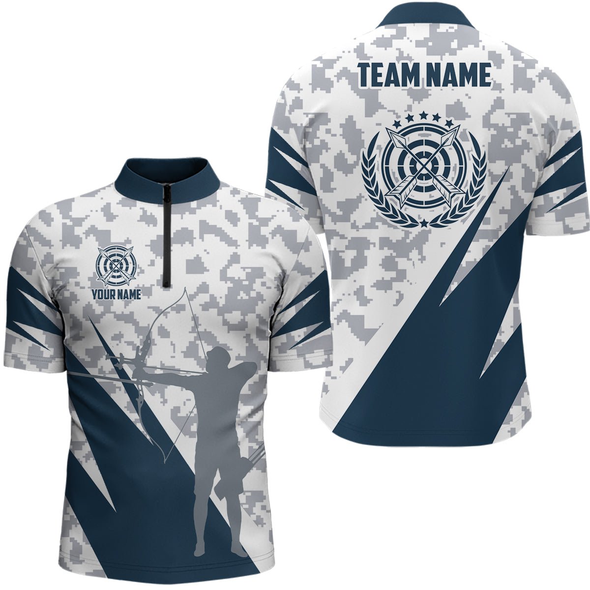 Personalisiertes Unisex Bogenschieß Polo Shirt Blau Grau Digital Camo mit Teamname T0541 - Climcat