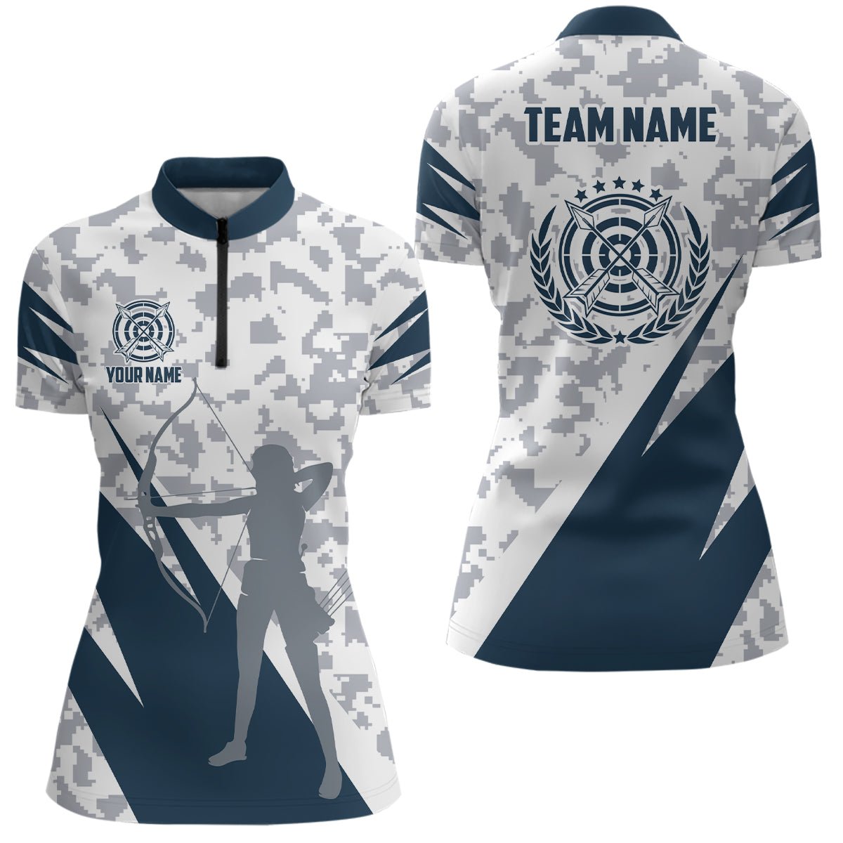 Personalisiertes Unisex Bogenschieß Polo Shirt Blau Grau Digital Camo mit Teamname T0541 - Climcat