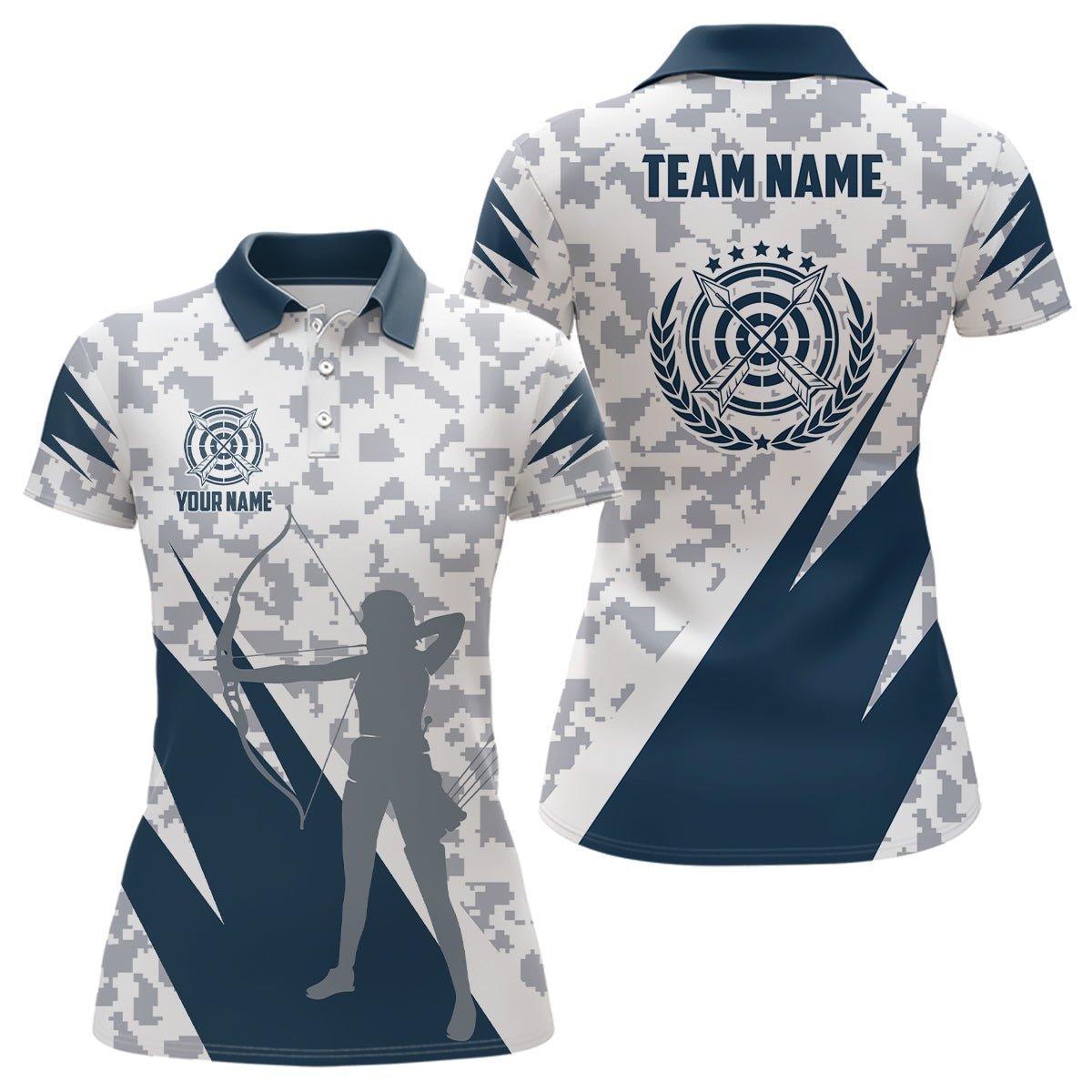 Personalisiertes Unisex Bogenschieß Polo Shirt Blau Grau Digital Camo mit Teamname T0541 - Climcat