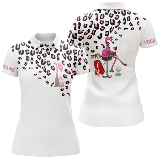 Rosa Leoparden Damen Golf Polo Shirt | Maßgeschneidertes Weißes Damen Golfoberteil | Lustige Flamingo Golf Weinshirts N5885 - Climcat