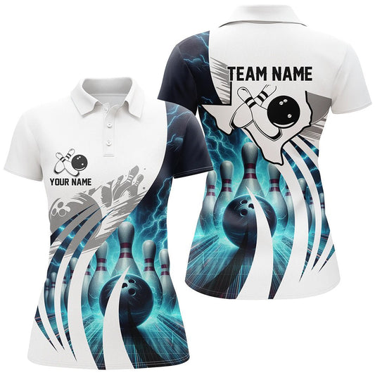 Blau Blitz Donner Damen Bowling Polo Shirts Individuelle Texas Team Liga Trikots, Geschenke für Bowler Q7074 - Climcat
