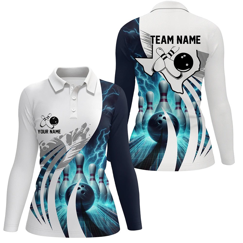 Blau Blitz Donner Damen Bowling Polo Shirts Individuelle Texas Team Liga Trikots, Geschenke für Bowler Q7074 - Climcat