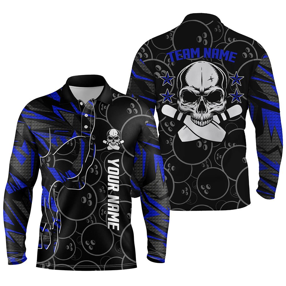 Blau Camo Schwarz Bowling Polo Shirts für Herren mit individuellem Teamnamen Skull Bowling, Team Bowling Shirts Q6421 - Climcat