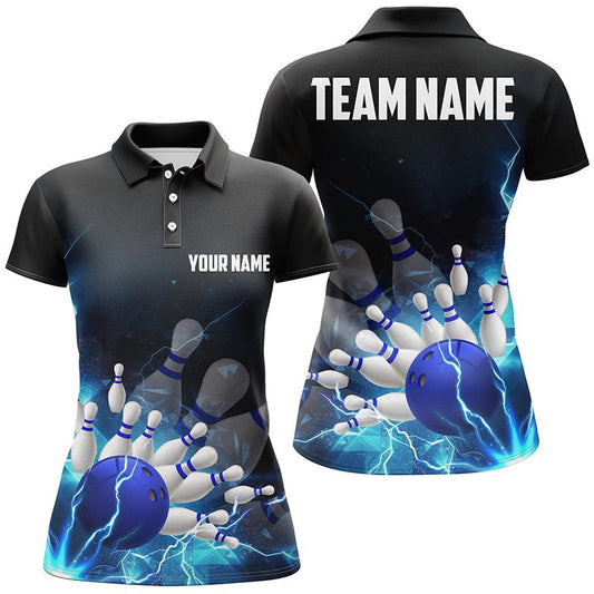 Blau Donner Blitz Personalisierte Bowling Polo Shirts für Damen Teamname Bowling Trikots P5318 - Climcat