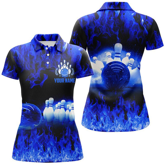 Blau flammende Damen Bowling Polo Shirts, Personalisierte Team Liga Bowling Shirts, weibliche Bowling Uniform Q5199 - Climcat