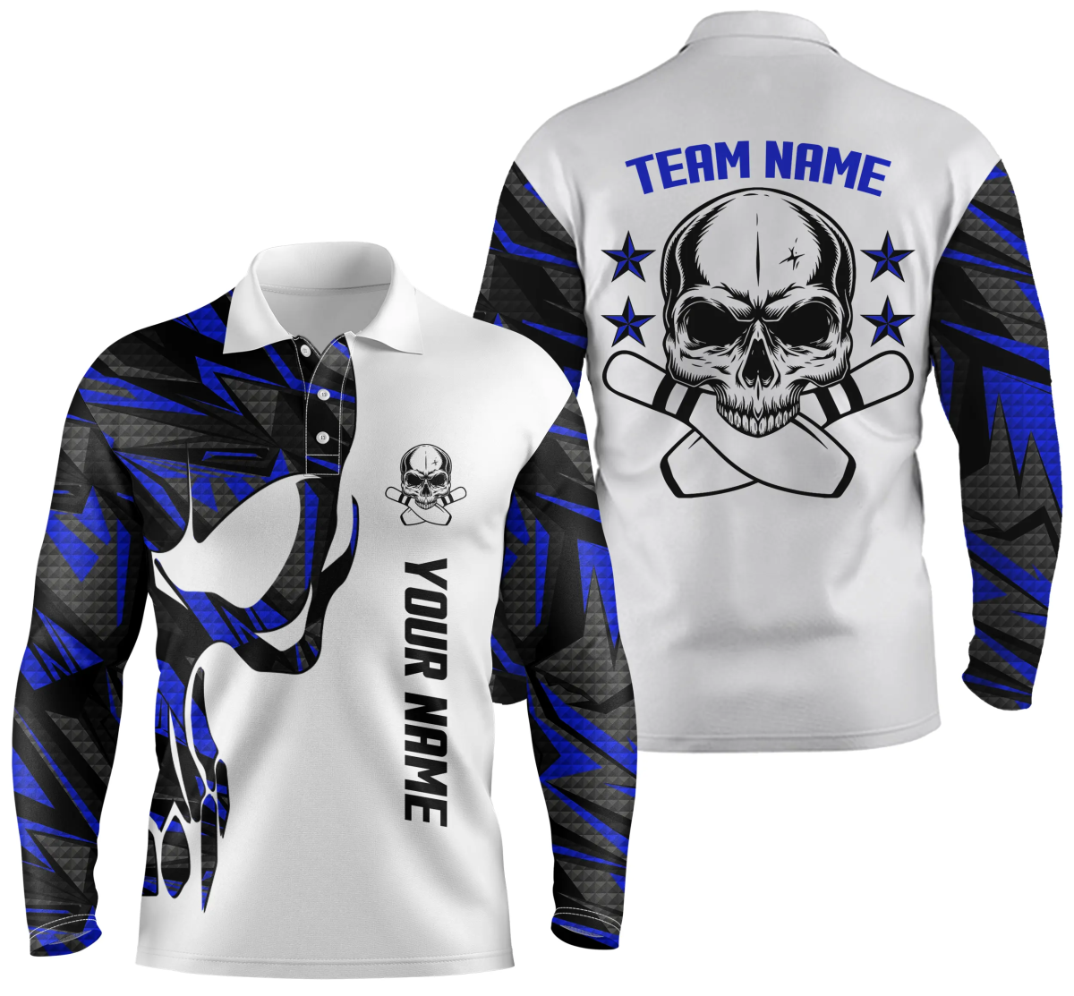 Blau-weiße Bowling-Poloshirts für Herren mit individuellem Namen und Teamnamen Skull Bowling, Team-Bowling-Shirt Q4699 - Climcat
