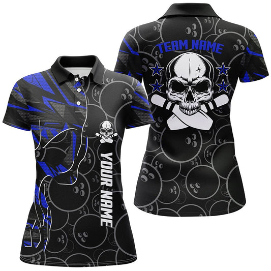 Blaue Tarnmuster Bowling-Polo-Shirts für Damen, individuell gestaltetes Team Skull Bowling, Damen-Team-Bowlingtrikots Q6421 - Climcat