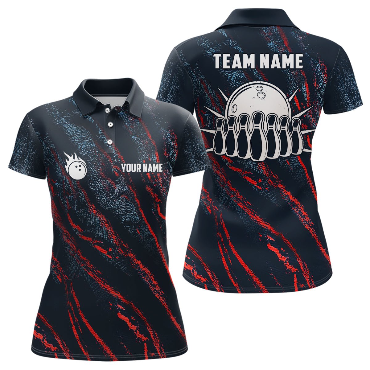 Blaue und rote Camouflage-Bowlingkugel- und Pins-Trikots - Personalisierte Team-Liga-Bowling-Polo-Shirts für Frauen Q6554 - Climcat
