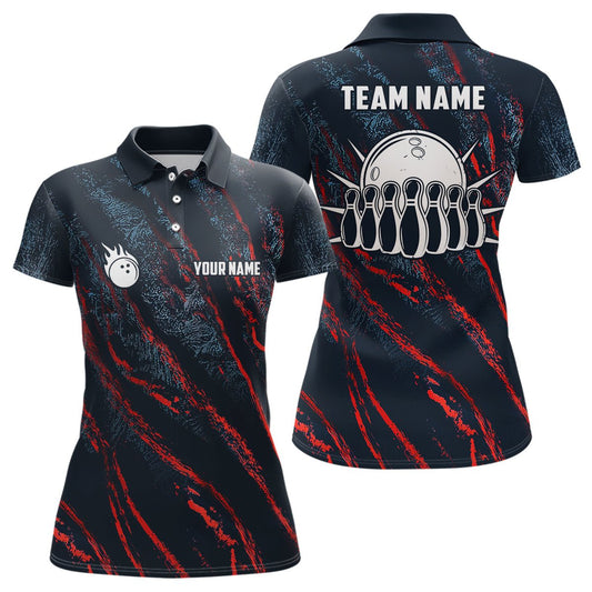 Blaue und rote Camouflage-Bowlingkugel- und Pins-Trikots - Personalisierte Team-Liga-Bowling-Polo-Shirts für Frauen Q6554 - Climcat