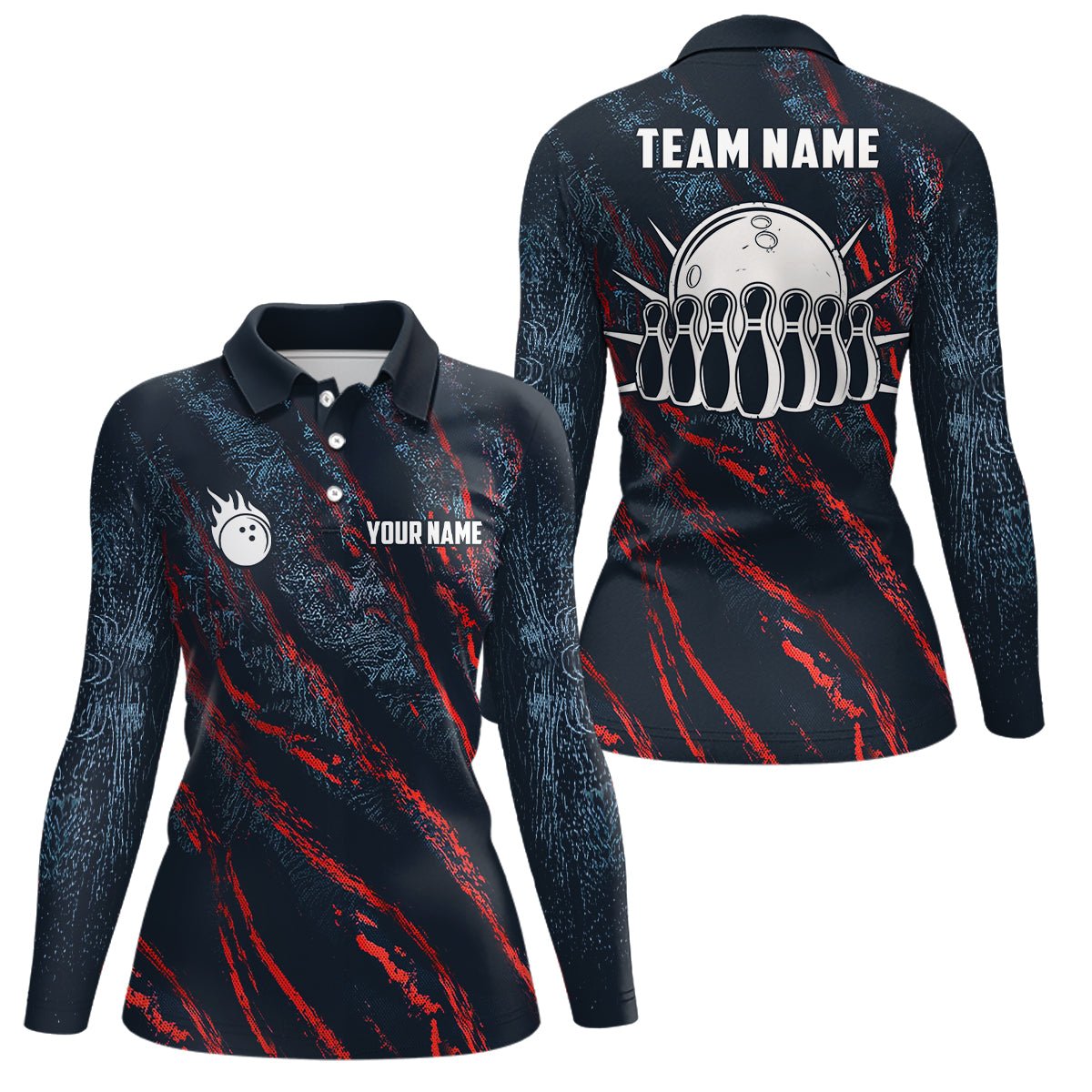 Blaue und rote Camouflage-Bowlingkugel- und Pins-Trikots - Personalisierte Team-Liga-Bowling-Polo-Shirts für Frauen Q6554 - Climcat