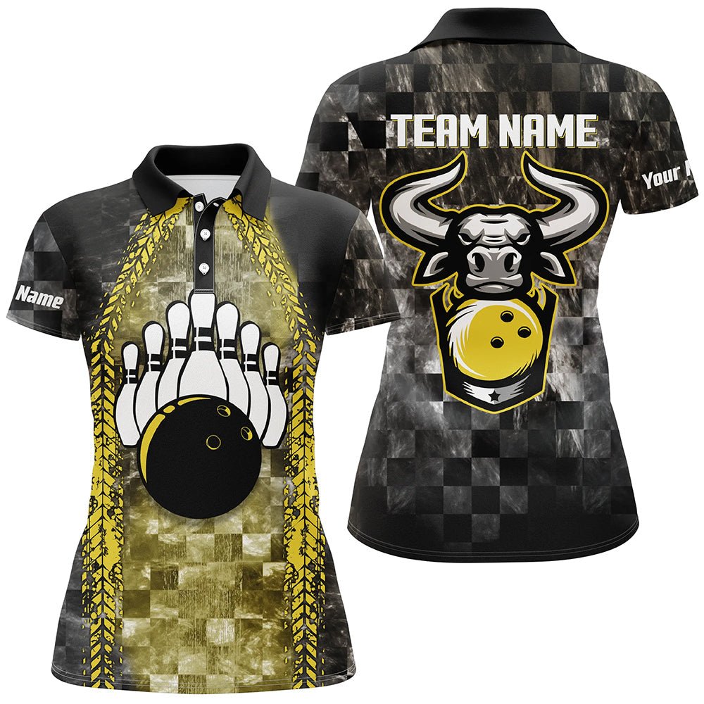 Bowling Bull Schwarzes und Gelbes Damen Bowling Polo Shirt - Personalisiertes Bowling Trikot für Damen - Team Liga Trikot Q6499 - Climcat