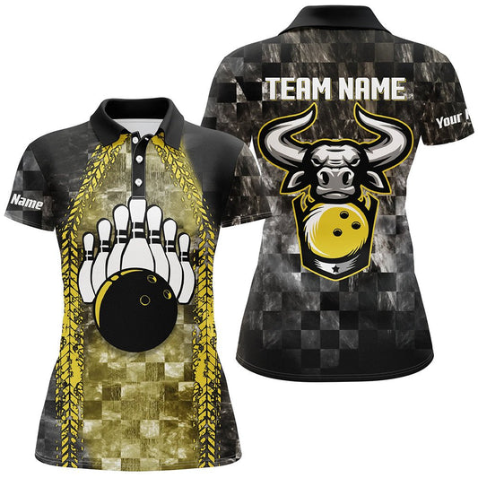 Bowling Bull Schwarzes und Gelbes Damen Bowling Polo Shirt - Personalisiertes Bowling Trikot für Damen - Team Liga Trikot Q6499 - Climcat