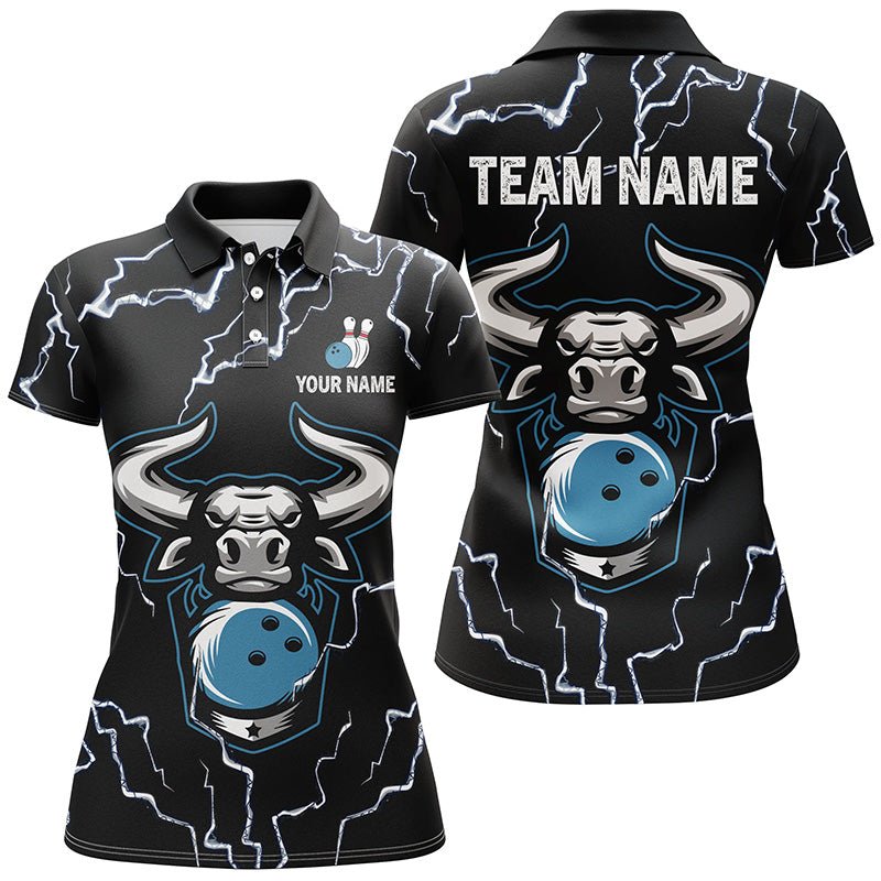 Bowling Bull Thunder Lightning Schwarzes Bowling-Polo-Shirt für Damen - Personalisiertes Bowling-Team-Liga-Trikot Q6498 - Climcat