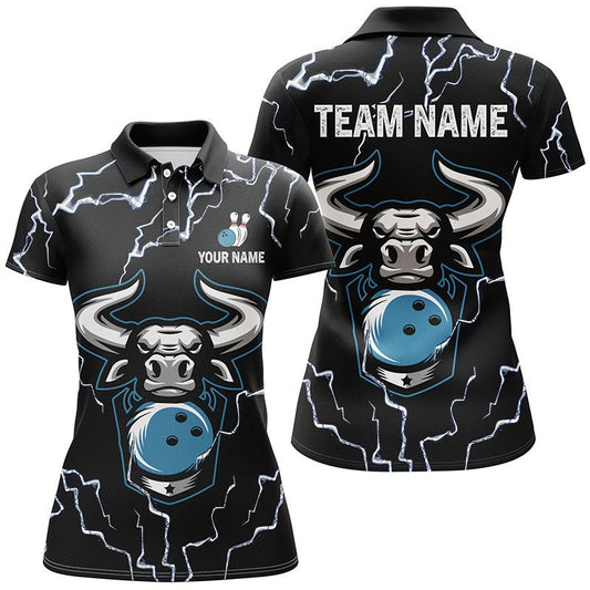 Bowling Bull Thunder Lightning Schwarzes Bowling-Polo-Shirt für Damen - Personalisiertes Bowling-Team-Liga-Trikot Q6498 - Climcat