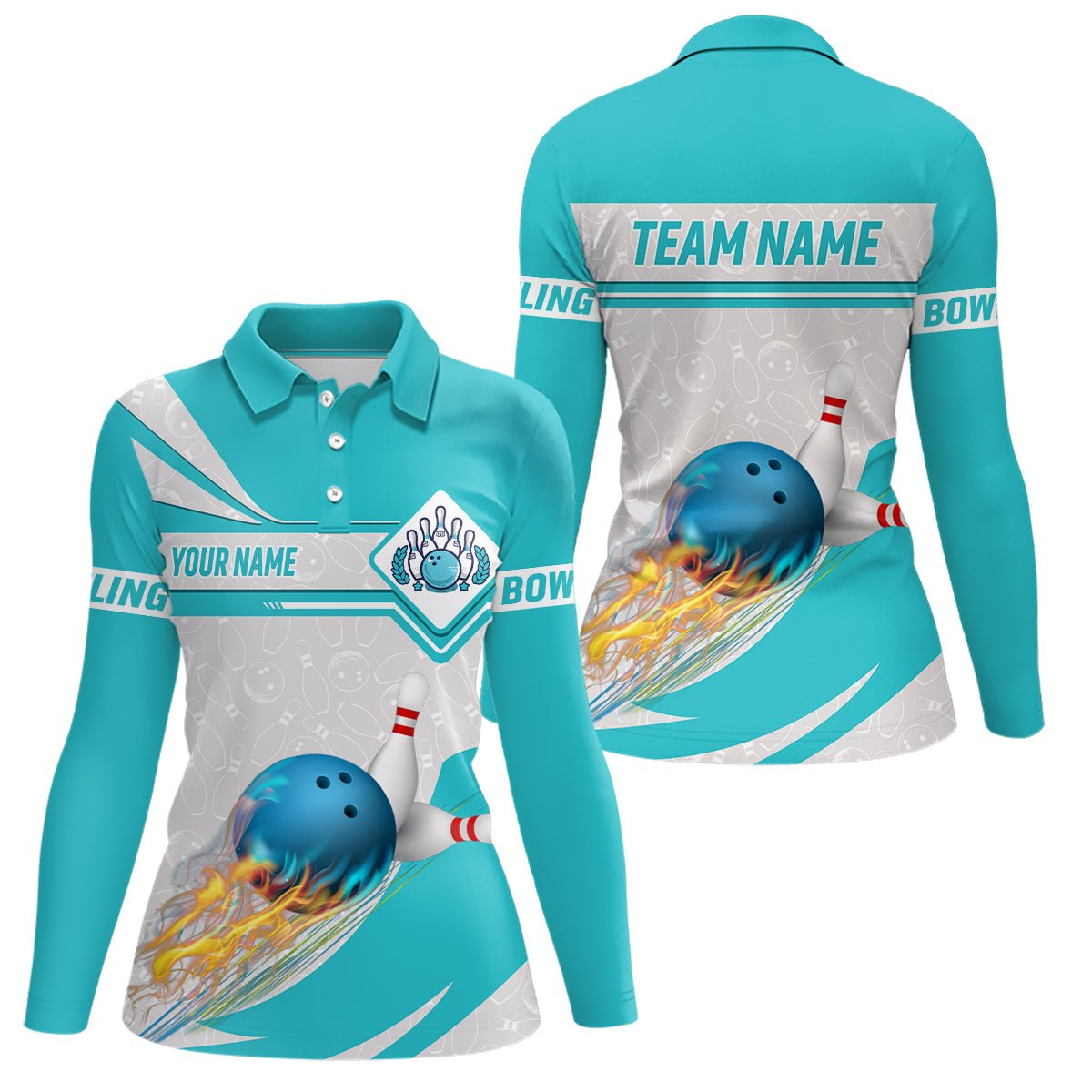Cyan blaue Bowling-Polo-Shirts für Damen - Individuell gestaltbar mit Camo-Flammen-Bowlingkugeln - Team-Liga-Trikots Q6733 - Climcat