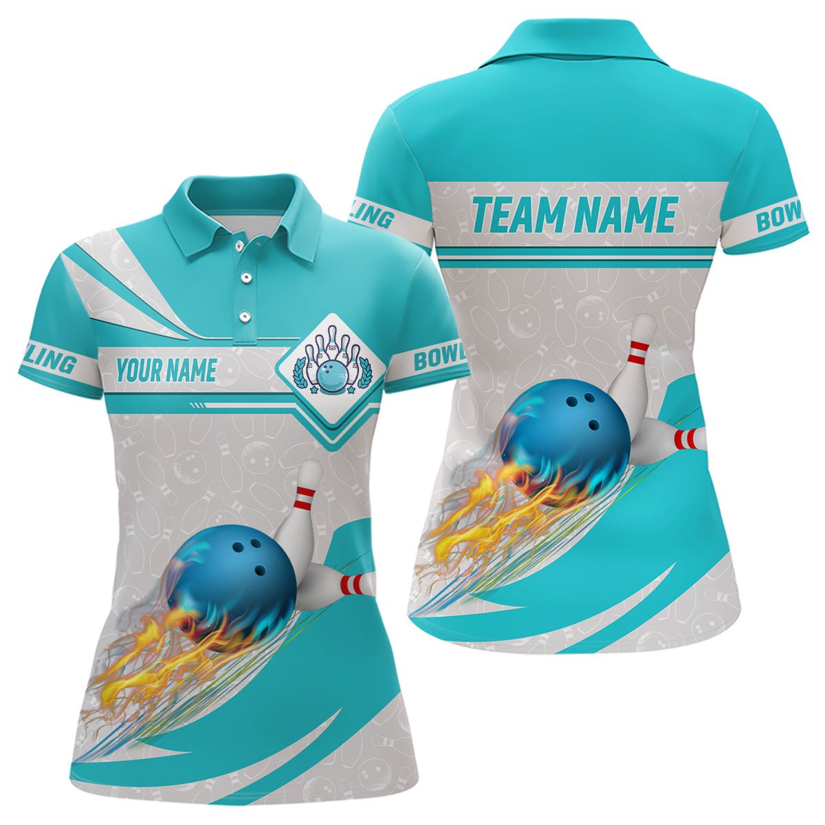 Cyan blaue Bowling-Polo-Shirts für Damen - Individuell gestaltbar mit Camo-Flammen-Bowlingkugeln - Team-Liga-Trikots Q6733 - Climcat