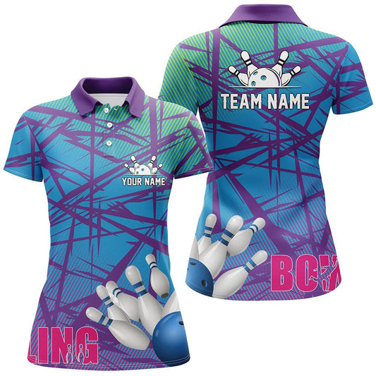 Damen Bowling Polo Shirt Blau Lila Camouflage Bowling Trikots, Personalisierte Bowling Team Shirts Q6996 - Climcat