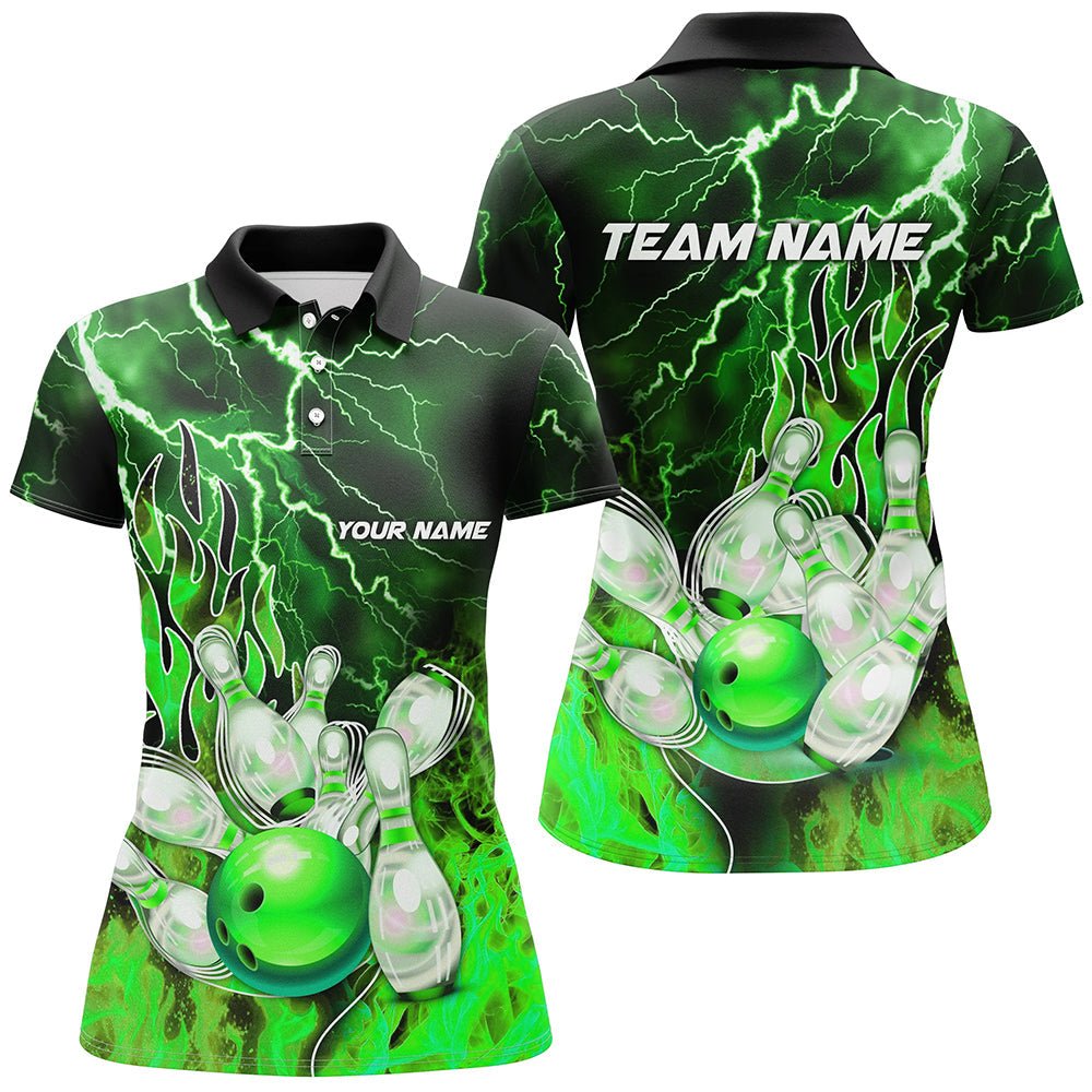 Damen Bowling Polo Shirt individuell gestaltet mit grünem Blitz und Donner Bowling Team Trikot, Geschenk für Team Bowlers Q7065 - Climcat